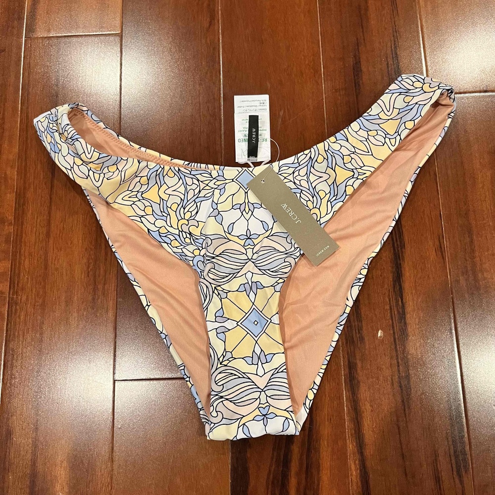 New NWT J Crew Yellow Blue Bikini Swim Bottom Floral Abstract Print‎ Cheeky Sz S